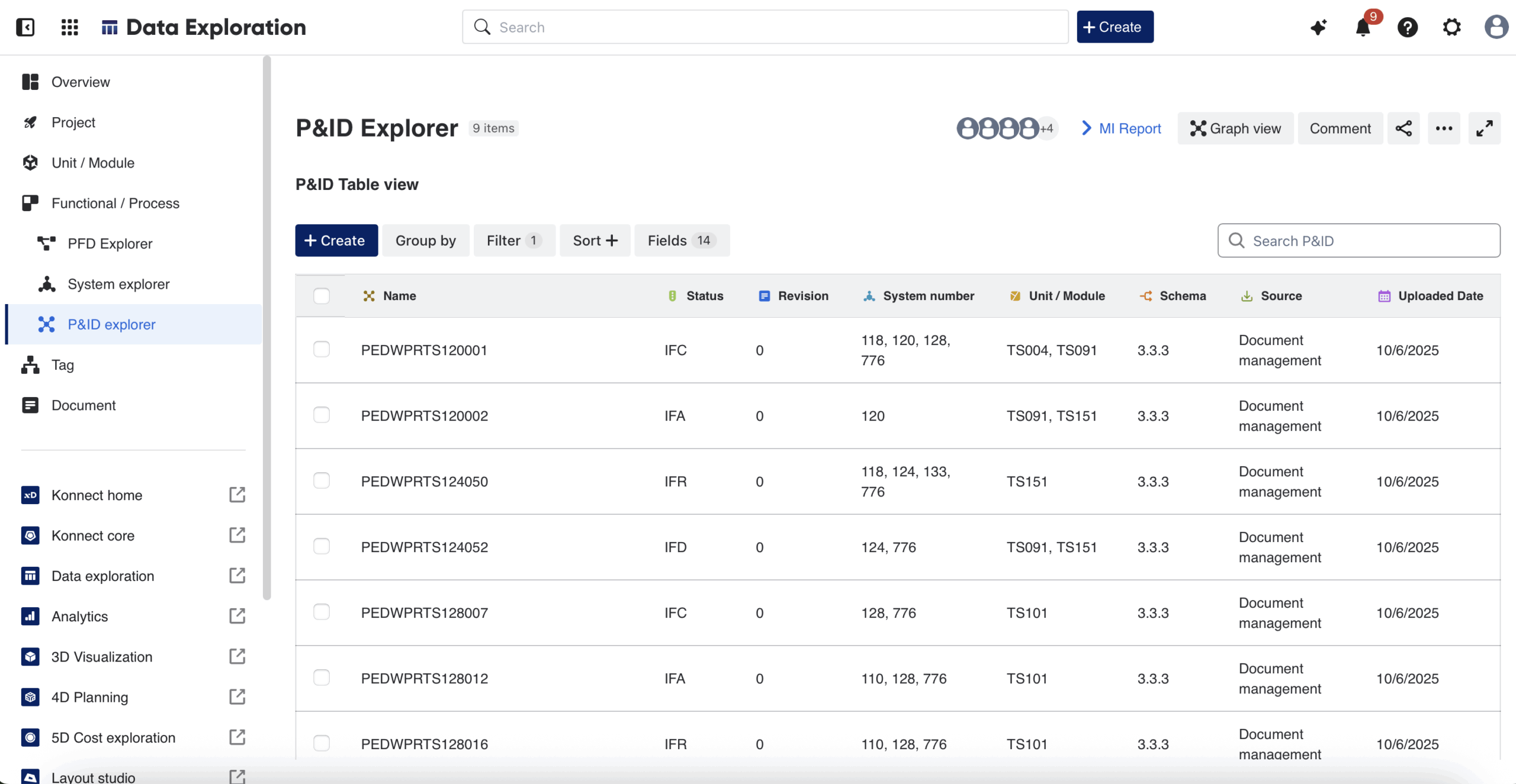 P&ID Explorer — Table view with structured tag data, statuses, revisions, and system assignments